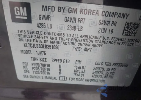 2020 Chevrolet Trax Fwd Lt from USA, damaged, VIN KL7CJLSB3LB351680